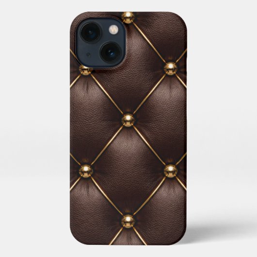 Etui iPhone 13 Brown Quilted Leather & Gold Studs Phone Case (Verso)