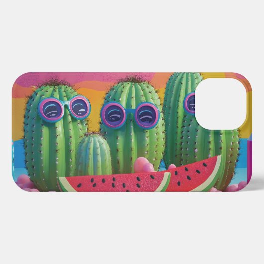 Etui iPhone 13 Cactus funky avec lunettes de soleil, pastèque et  (Verso Horizontal)