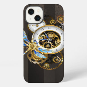 Etui iPhone 13 Cadran Steampunk avec libellule mécanique