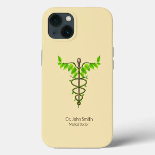 Etui iPhone 13 Caducée Médical Alternatif Feuilles Vertes Beige