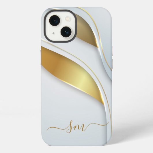 Etui iPhone 13 Calligraphie initiale aspect métal 3D Or Blanc (Verso)