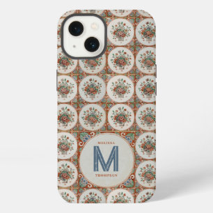 Etui iPhone 13 Carreaux de terre cuite floraux vintage avec monog