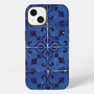 Etui iPhone 13 Carreaux portugais - Dessin de feuille florale ble