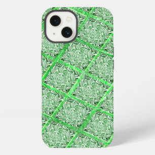 Etui iPhone 13 Carrés, faux carreaux, faux feuillage vert