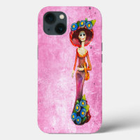 Catrina Avec Robe Rouge & Fleurs Bleues Sur Rose W