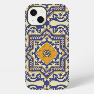 Etui iPhone 13 Céramique Monogramme de style Azulejo couleurs Ble