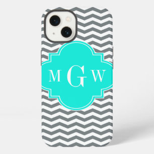 Etui iPhone 13 Charbon Tn Chevron Brt Aqua Quatrefeuille 3 Monogr