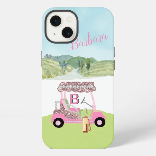 Etui iPhone 13 Chariot de golf Rose Gold Monogramme Nom Glam Glit (Verso)