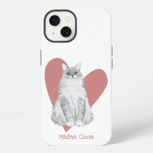 Etui iPhone 13 Chat Maine Coon Aquarelle Kitty Cœur Rose