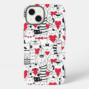 Etui iPhone 13 Chat mignon noir blanc Cœur rouge