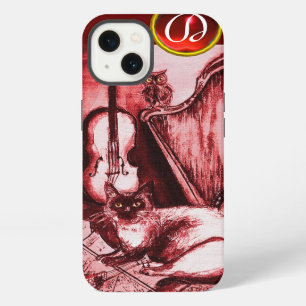 ETUI iPhone 13  CHAT MUSICAL AVEC HIBOU EN RUBIS ROUGE MONOGRAMME