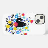 Etui iPhone 13 Chat noir duveteux avec des fleurs (Verso Horizontal)