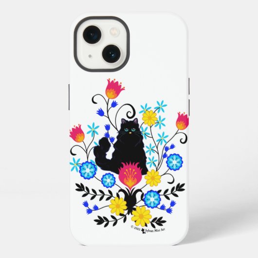 Etui iPhone 13 Chat noir duveteux avec des fleurs (Verso)