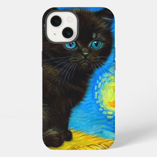 Etui iPhone 13 Chat Nuit Étoilée de Style Van Gogh (Verso)