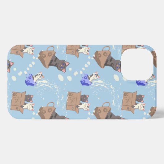 Etui iPhone 13 Chats en boîte et gouttes de lait sur bleu (Verso Horizontal)