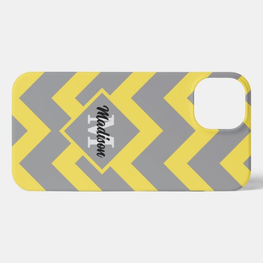 Etui iPhone 13 Chevron jaune gris motif lignes rayures Monogramme (Verso Horizontal)