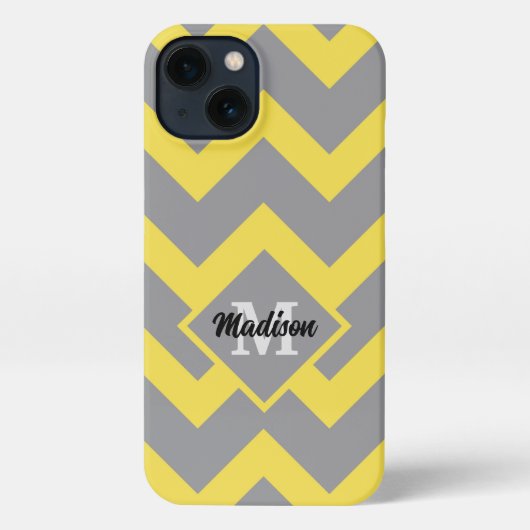 Etui iPhone 13 Chevron jaune gris motif lignes rayures Monogramme (Verso)
