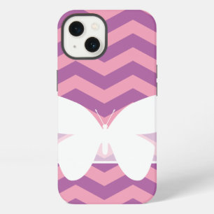 Etui iPhone 13 Chevrons en Orchidée Givrée Radieuse avec Papillon
