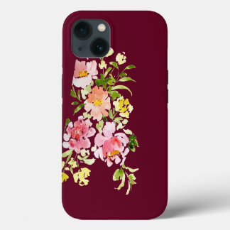 Etui iPhone 13 Chic bordeaux aquarelle fleurs florales chic