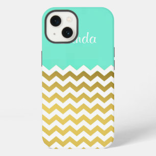 Etui iPhone 13 Chic et élégant Chevron Aqua Vert, Or et Blanc