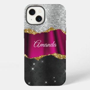 Etui iPhone 13 Chic faux paillettes argent monogramme Fuchsia noi