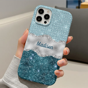 Etui iPhone 13 Chic fille sarcelle vert menthe paillettes monogra