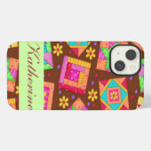 Etui iPhone 13 Chocolat Brown Green Patchwork Quilt Block Art (Verso Horizontal)