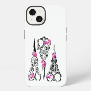 Etui iPhone 13 Ciseaux floraux vintage pour couturiers et coiffeu