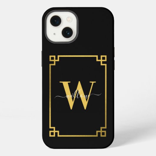 Etui iPhone 13 Clé grecque monogrammée noir et or (Verso)