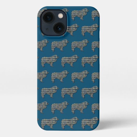 Etui iPhone 13 Collie Rough Chien Cute Silhouette Grille Bleue (Verso)