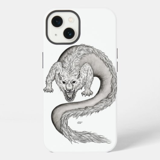 Etui iPhone 13 Conception de loup-dragon noir et blanc (Verso)