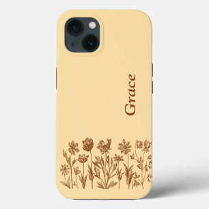 Etui iPhone 13 Conception florale minimaliste élégante avec monog
