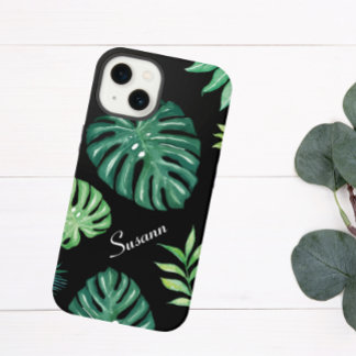 Etui iPhone 13 Coque de téléphone à motif feuille tropicale noire