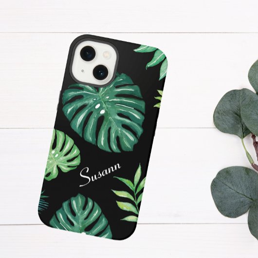 Etui iPhone 13 Coque de téléphone à motif feuille tropicale noire