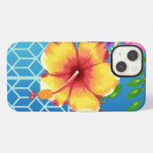Etui iPhone 13 Coque iPhone 13, fleur dorée sur fond bleu. (Verso Horizontal)