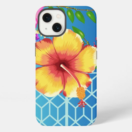 Etui iPhone 13 Coque iPhone 13, fleur dorée sur fond bleu. (Verso)