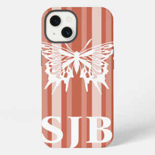 Etui iPhone 13 Corail foncé rayure victorienne avec papillon