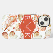 Etui iPhone 13 Coral With Shells & Crabs Pattern | monogram (Verso Horizontal)