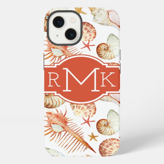 Etui iPhone 13 Coral With Shells & Crabs Pattern | monogram (Verso)