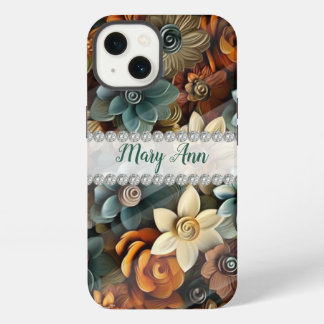 Etui iPhone 13 Couleurs d'automne fleurs 3D, cadre diamant person