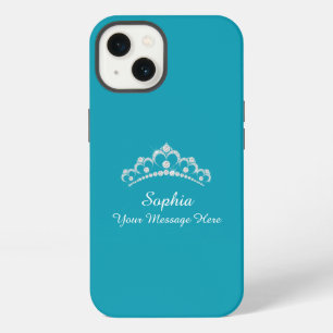 Etui iPhone 13 Couronne de diamants, Nom, Votre message, Bleu sar