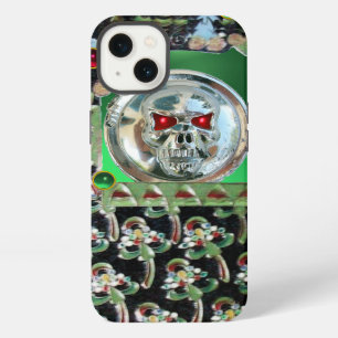 ETUI iPhone 13  CRÂNE CHROME, PIERRES GEMMES DE JADE NOIR VERT ROU