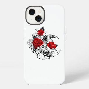 Etui iPhone 13 Croissant Mécanique avec Roses Rouges