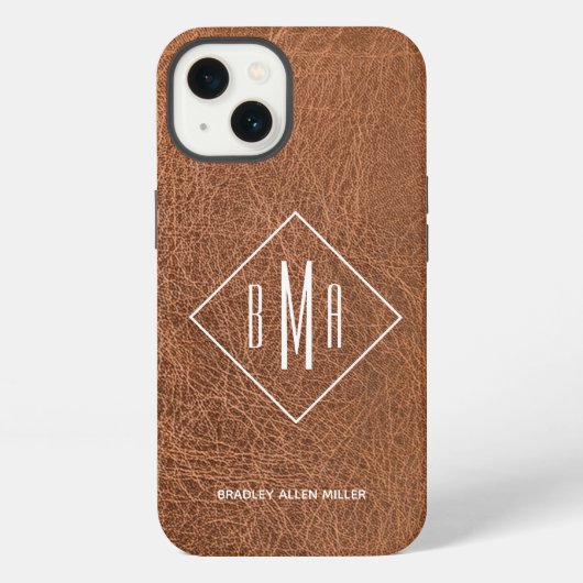 Etui iPhone 13 Cuir Brun Faux Monogramme (Verso)