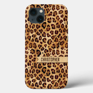 Etui iPhone 13 Cuir imprimé léopard rustique avec nom