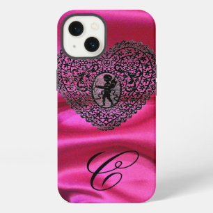 Etui iPhone 13 CUPID LACE COEUR SOIE ROSE TISSU MONOGRAMME,Noir