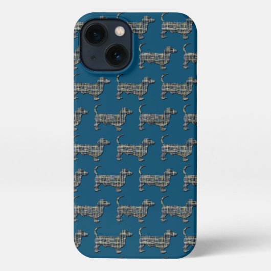 Etui iPhone 13 Dachshund Daxie Chien Cute Silhouette Grille Bleu (Verso)