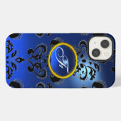 Etui iPhone 13 DAMASK GEM MONOGRAM bleu foncé (Verso Horizontal)