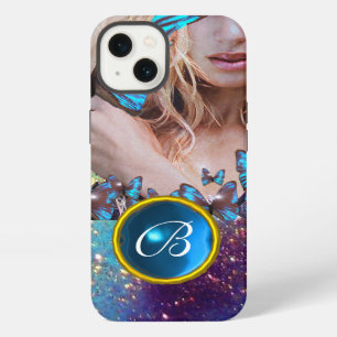 ETUI iPhone 13 DAME PAPILLON BLEU, MONOGRAMME PAILLETTE OR TEAL