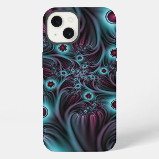 Etui iPhone 13 Dans l'abstrait fractal bleu profond rose (Verso)